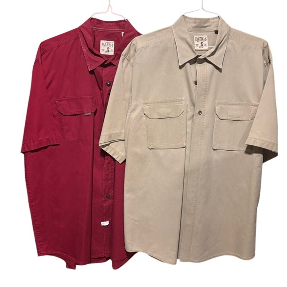 Red Head Brand lot 2 Mens Short Sleeve Front Button XL Shirts Burgundy Tan